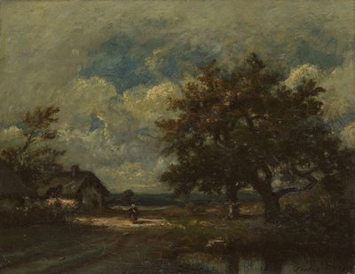 道端のコテージ、嵐の空 作： Jules Dupré