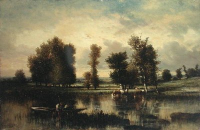 川辺のボート」（油彩、クレードル・パネル） 作： Jules Dupré