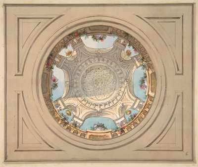 だまし絵の手すりを備えた天井のデザイン、19 世紀後半。 作成者: ジュール・エドモンド・シャルル・ラシェーズ、ウジェーヌ・ピエール・グルデ。 作： Jules Edmond Charles Lachaise and Eugène Pierre Gourdet