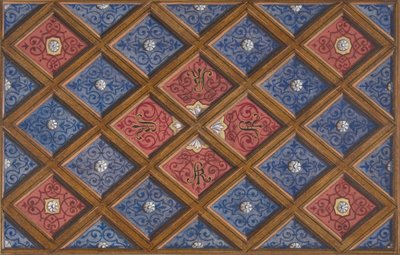 イニシャルが描かれた格天井のデザイン。SRI（1840-97年）。クリエイター。ジュール＝エドモンド＝シャルル・ラシェス、ウジェーヌ＝ピエール・グーデ。 作： Jules Edmond Charles Lachaise and Eugène Pierre Gourdet