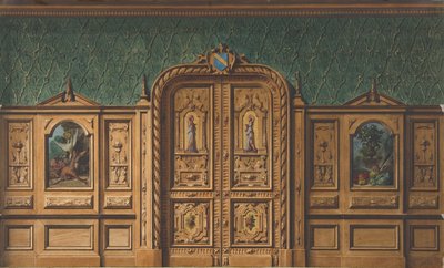 絵画がはめ込まれた木製パネルと重厚な彫刻が施された二重扉を持つ部屋のデザイン、1830-97年。クリエイター。ジュール＝エドモンド＝シャルル・ラシェス、ウジェーヌ＝ピエール・グーデ。 作： Jules Edmond Charles Lachaise and Eugène Pierre Gourdet