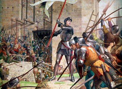 百年戦争：オルレアンの前で鎧をまとったジョーン・オブ・アーク。ジュール・ユージン・ルヌーブ（1819-1898）による絵画の詳細 作： Jules Eugene Lenepveu