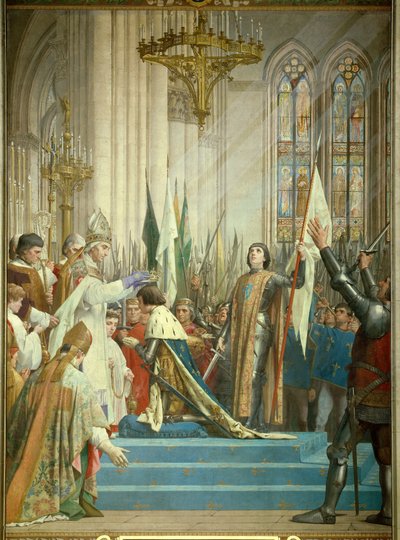国王シャルル7世（1403-1461）は1429年7月17日にランスのカテドラルでジョアン・オブ・アーク（1412-1431）の前で王冠を受け取った。 ジュール・ユージン・ルヌーブ（1819 - 1898）による絵画。パリのパンテオン。 作： Jules Eugene Lenepveu