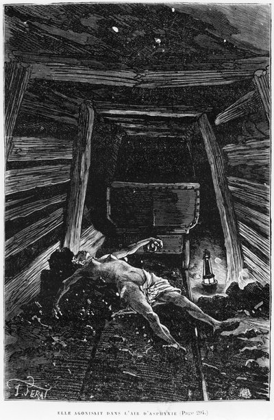 「彼女は窒息の空気で死にかけていました」、エミールゾラ（1840-1902）による「ジェミナル」のイラスト、欲望デュモン（19世紀）、1886年版の彫刻 作： Jules Ferat