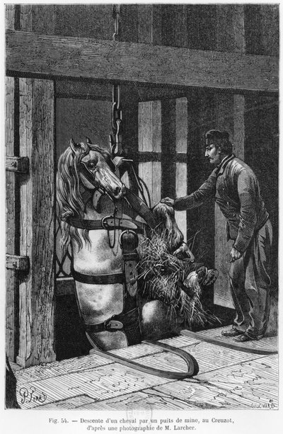 ルクルーゾの炭坑でウインチをしている馬、ルイシモナン作の「ラヴィスーテリーヌ」のイラスト（1830〜86年）1867 作： Jules Ferat