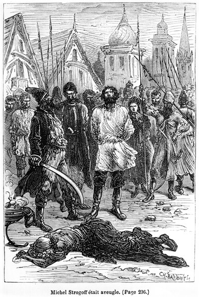 マイケルストロゴフは盲目で、チャールズバルバン（d.1922）パリ、ヘッツェルによって彫刻されたジュールヴェルヌ（1828-1905）による「ミシェルストロゴフ」のイラスト 作： Jules Ferat