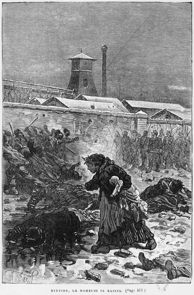 「Stupide、La Maheude se baissa」、エミールゾラ作「Germinal」（1840-1902年）のイラスト、欲望デュモン（19世紀）、1886年版 作： Jules Ferat