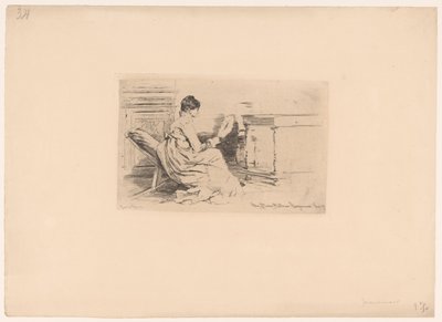 低い椅子に扇風機を持つ女性 作： Jules Ferdinand Jacquemart (attributed to)