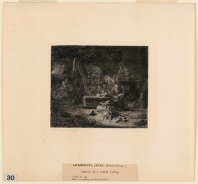 「ニューヨークのメトロポリタン美術館の絵のエッチング」からのオランダのコテージのインテリア 作： Jules Ferdinand Jacquemart