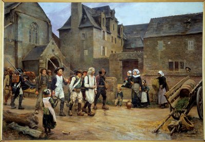 フランス革命: "" Les revolts de Fouesnant"" 新しい司法制度の設置に関連するネデレック事件の代表、治安判事アラン・ネデレックは、国王の手によって署名された特許なしで座ることを拒否します。 トラブルはウィットで終わった 作： Jules Girardet