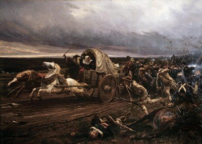 1793 年 3 月にヴァンデで武装したショレ反乱の迂回、10 月に公約と共和党軍によって叱責された「白人」は、ロワールに向かって撤退した。 ジュール・ジラルデ (1856-1938) の絵画 作： Jules Girardet