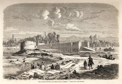 イスファハン（またはイスファハン）（イラン）にある1608年頃に建設された橋「アラー・ヴェルディ・カーン」は、ゼンド・エ・ルード川を渡るための交差点であると同時に、川の流れを調整するためのダムでもあり、ペルシャの支配者が監視するための「タラール（鏡のキオスク）」も設置されています。 作： Jules Joseph Augustin Laurens