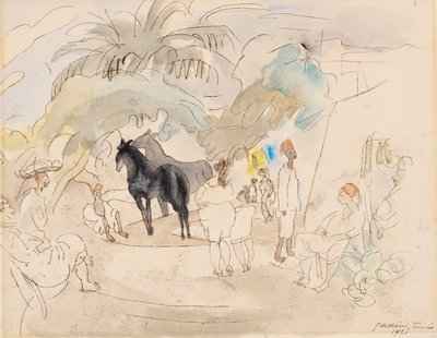 人物と風景の中の 2 頭の馬 作： Jules Pascin