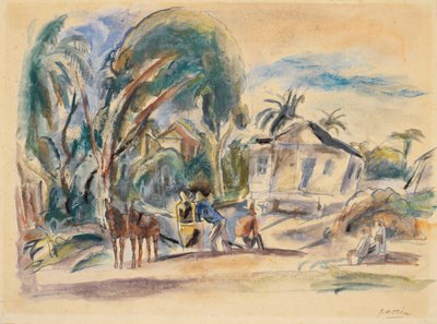 風景、家、木（紙にトイレ） 作： Jules Pascin