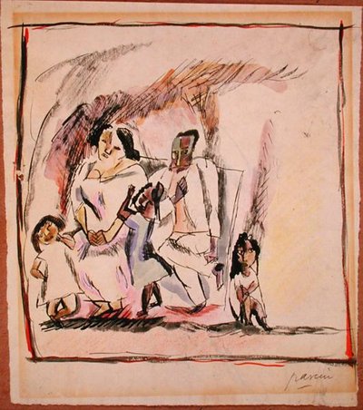 母と父と3人の子供（水彩・紙） 作： Jules Pascin