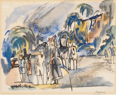 母と子のいる南部の風景（紙にトイレ） 作： Jules Pascin