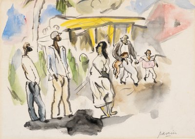 サザン シーン: 黒人 4 人、子供 2 人 (紙にトイレ) 作： Jules Pascin