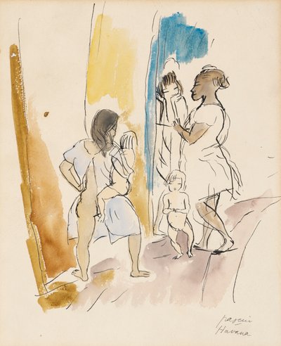 3人の女性と2人の子供、ハバナ（紙にトイレ） 作： Jules Pascin