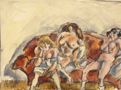 赤いソファの上の3人の女性（紙にトイレ） 作： Jules Pascin