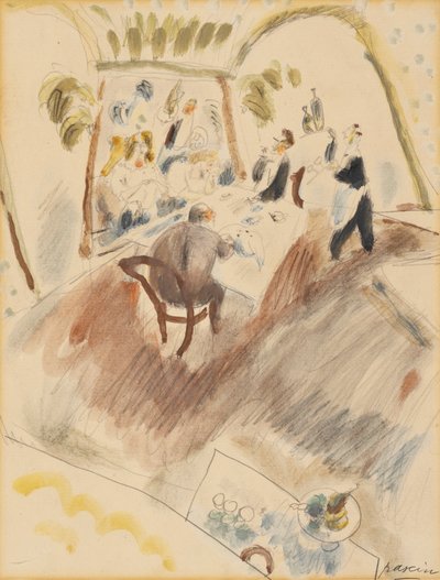 二人の男の食事（紙にトイレ） 作： Jules Pascin