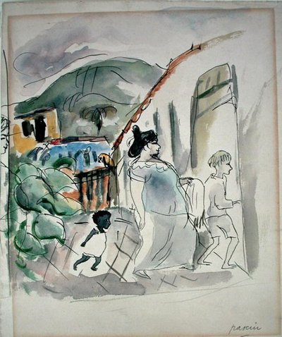 女と二人の子供」（水彩・紙） 作： Jules Pascin