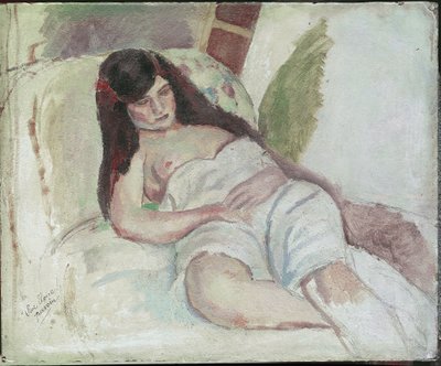 横たわる女性（「Vive Elvire」の碑文付き）。(木に油彩、20世紀) 作： Jules Pascin