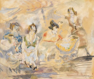 1919年ニューヨーク、ベビーカーを持つ女性（紙にトイレ） 作： Jules Pascin