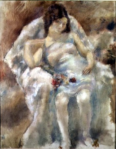 花を持って座る若い女性 作： Jules Pascin