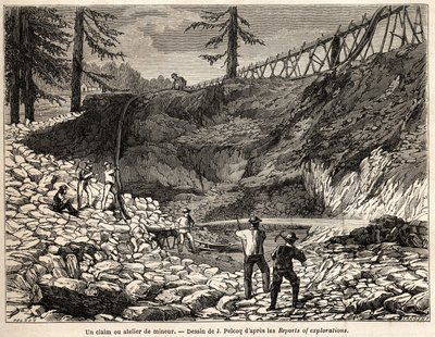 ジュール・ペルコックが、1850年から1852年にかけてのウォーガン男爵のカリフォルニア旅行の物語を説明するために描いたカリフォルニアの採掘場。パリの "Le tour du monde, nouveau journal des voyages "に掲載された版画。 作： Jules Pelcoq
