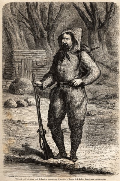 ドイツの探検家、アンリ（ハインリヒ）・バルト博士（1821-1865）の旅行服を着た肖像。ジュール・ペルコックによる、1849年から1855年にかけてのアンリ・バルト博士のアフリカ中央部への旅を描いたもの。Le tour du monde, nouveau journal des vo "に掲載された版画。 作： Jules Pelcoq