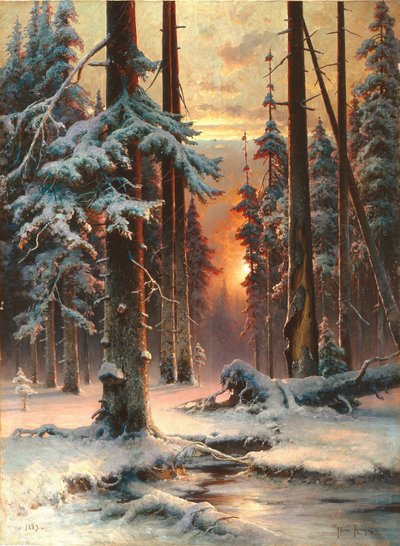 1889年のモミの森の冬の夕日 作： Juli Julievich Klever