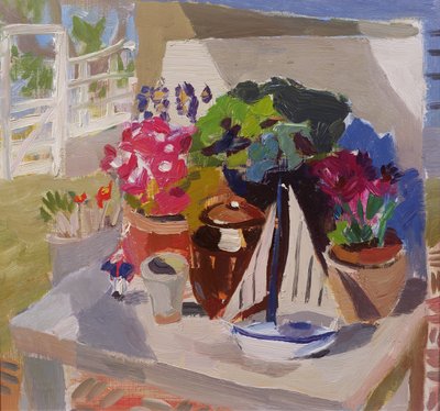 ロッジアの花、鉢、ヨット（船内の油） 作： Julian Bailey