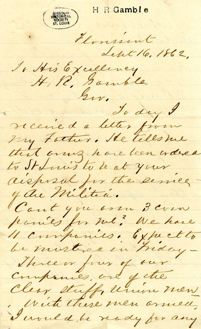 1862年9月16日、フロリサントのジュリアン・ベイツに署名した手紙を、閣下のH.R.ギャンブルに送る。 作： Julian Bates