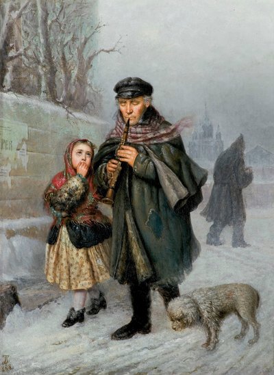 クラリネット奏者 - サンクトペテルブルクの街角（少女と犬を連れた物乞いクラリネット奏者）。 作： ジュリアン・ボンツァ・トマシェフスキー