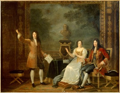 ジャン・ラシーヌ (1639-1699) は、ルイ 14 世 (1638-1715) とメンテノン侯爵 (マダム) のフランソワーズ・ドービーニュ (1635-1719) の前で「アタリー」を読んでいます。 ジュリー・フィリポール (1780-1834) の絵画 作： Julie Philipault