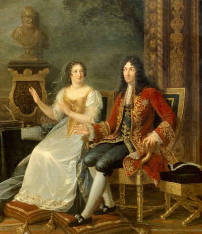 フランス国王ルイ 14 世とマントノン夫人。 ルイ14世（1638-1715）とフランソワーズ・ドービーニュ、マルキーズ（マダム）・ド・マンテノン（1635-1719）の前の絵画「「アタリー」を読むジャン・ラシーヌ（1639-1699）」の詳細。 ジュリー・フィリポーの絵画（1780年～） 作： Julie Philipault