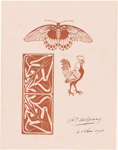 蝶、鶏、葉の作品 作： Julie de Graag (signed by artist)