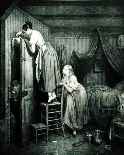 アルフォンス・レオン・ノエル（1807-84）が彫った「罰せられるノージー・パーカー」（版画） 作： Julien (after) Vallou de Villeneuve