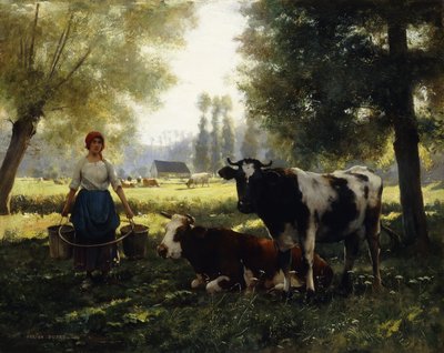 夏の日に牛と一緒に乳搾り女 作： Julien Dupre