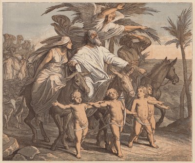 約束の地を見るアブラハム、『創世記』12章7節（彩色版画） 作： Julius (after) Schnorr von Carolsfeld