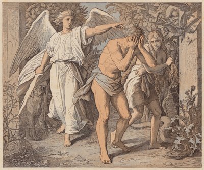 楽園を追われたアダムとイヴ、『創世記』、III、23、24（彩色版画） 作： Julius (after) Schnorr von Carolsfeld