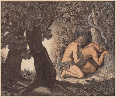 園に隠れるアダムとイヴ、創世記、III、8（彩色版画） 作： Julius (after) Schnorr von Carolsfeld