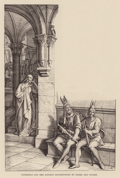 ハーゲンとフォルカーに不快感を抱くクリームヒルトと騎士たち（エングレーヴィング） 作： Julius (after) Schnorr von Carolsfeld