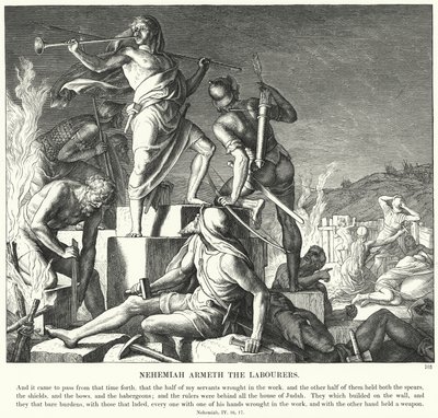 ネヘミアは労働者を武装させる（彫刻 作： Julius (after) Schnorr von Carolsfeld