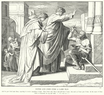 ペテロとヨハネが足の不自由な人を治療する様子（エングレービング 作： Julius (after) Schnorr von Carolsfeld