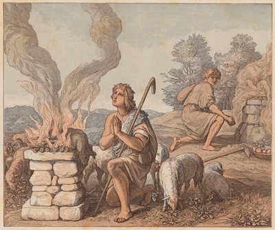 カインとアベルの供え物、創世記、IV、3、4（彩色版画） 作： Julius (after) Schnorr von Carolsfeld