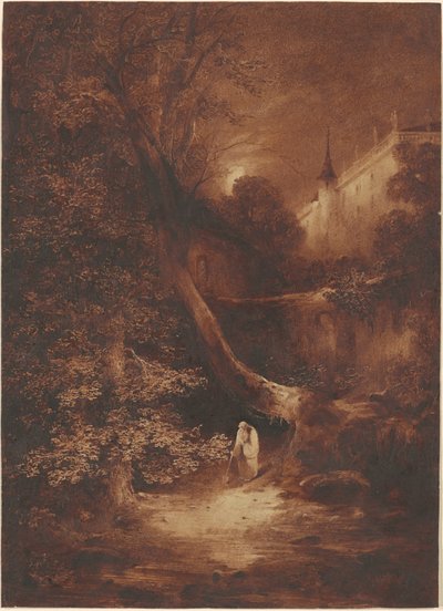 宮殿の近くを歩く修道士のいる月明かりに照らされた風景 作： Julius Albert Elsasser