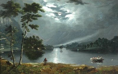 月光で北と湖を見るフェリー、ウィンダミア 作： Julius Caesar Ibbetson