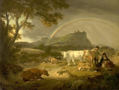 風景、ビーストン城、チェシャー、レインボー、1793 作： Julius Caesar Ibbetson