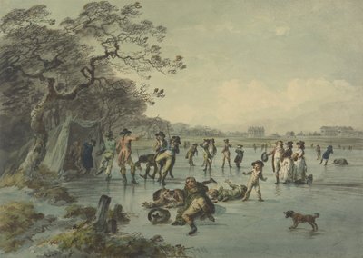 ハイドパークでのスケート、1785年頃（紙、ペン、インク、トイレ） 作： Julius Caesar Ibbetson